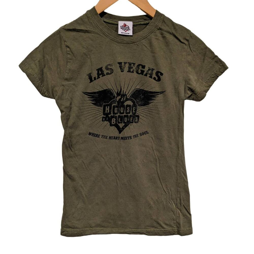 Las Vegas House of Blues Tee Shirt Olive‎ Green Slim Fit Music Travel Souvenir
